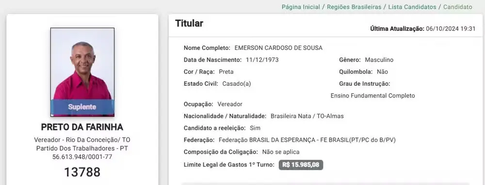 Preto da Farinha foi eleito suplente em Rio da Conceição — Foto: Reprodução/TSE
