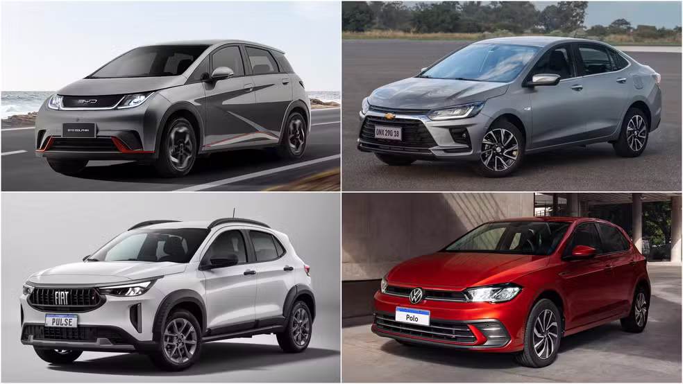 Volkswagen Polo, Chevrolet Onix Plus, BYD Dolphin e Fiat Pulse podem entrar no programa Move — Foto: arte/g1 Volkswagen Polo, Chevrolet Onix Plus, BYD Dolphin e Fiat Pulse podem entrar no programa Move — Foto: arte/g1
